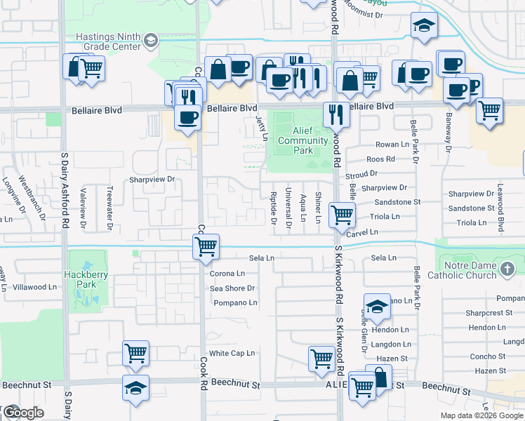 map of restaurants, bars, coffee shops, grocery stores, and more near 7326 Riptide Drive in Houston