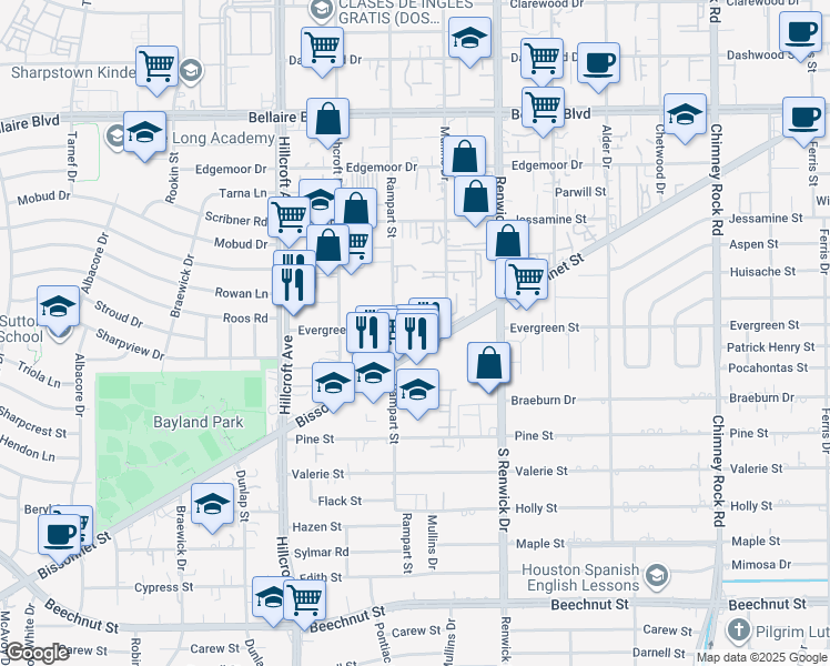 map of restaurants, bars, coffee shops, grocery stores, and more near 7350 Rampart Street in Houston