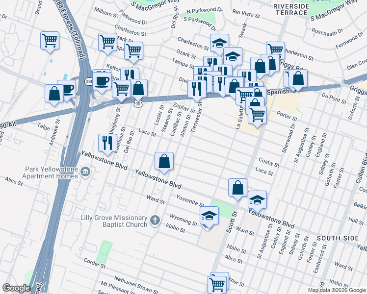 map of restaurants, bars, coffee shops, grocery stores, and more near 6654 Winton Street in Houston