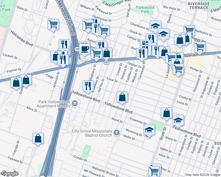 map of restaurants, bars, coffee shops, grocery stores, and more near 6711 Burkett Street in Houston