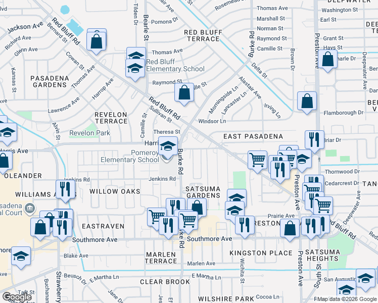 map of restaurants, bars, coffee shops, grocery stores, and more near 2007 East Harris Road in Pasadena