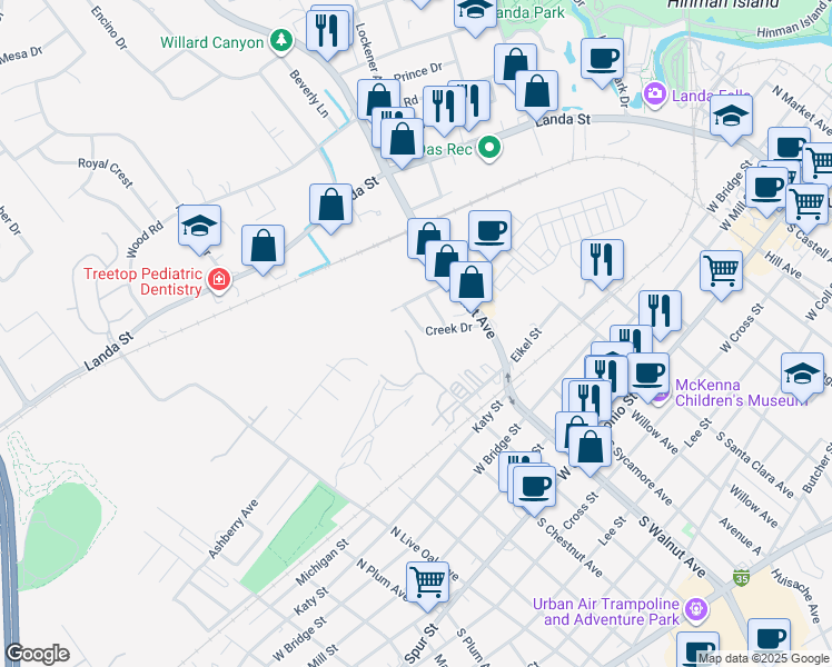 map of restaurants, bars, coffee shops, grocery stores, and more near 9 Cane Street in New Braunfels