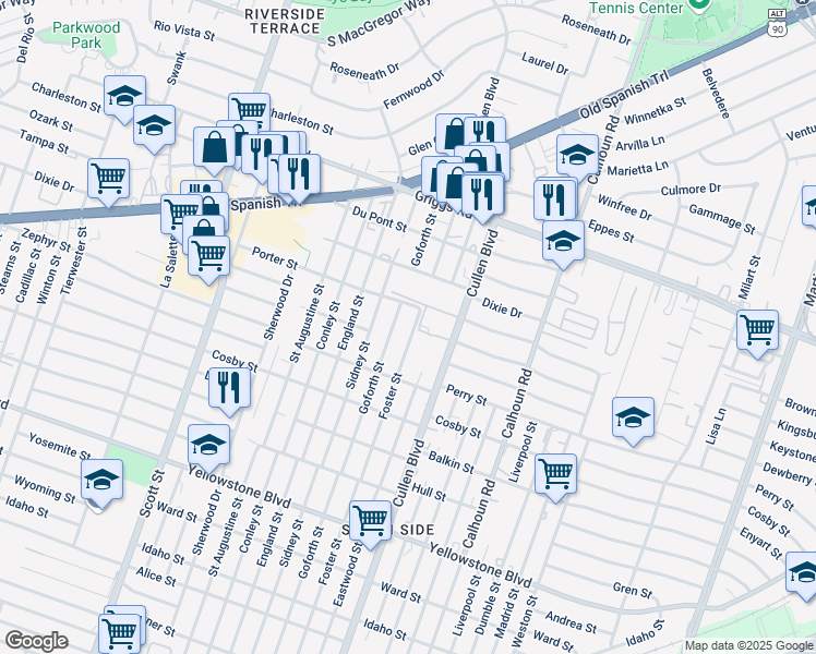 map of restaurants, bars, coffee shops, grocery stores, and more near 6106 Foster Street in Houston