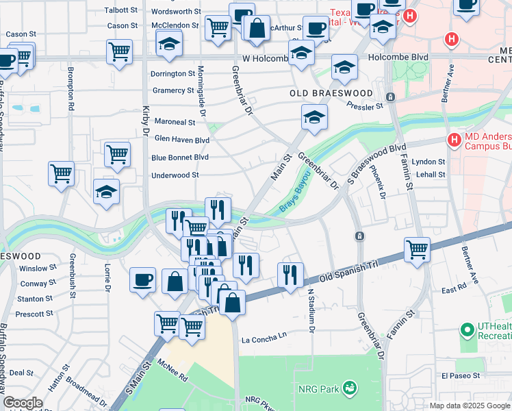 map of restaurants, bars, coffee shops, grocery stores, and more near 7557 Main Street in Houston