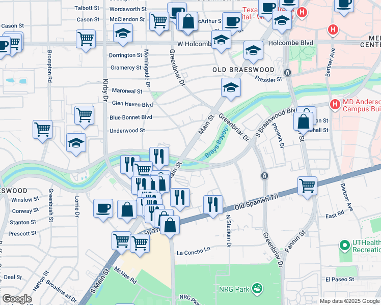 map of restaurants, bars, coffee shops, grocery stores, and more near 7515 Main street in Houston