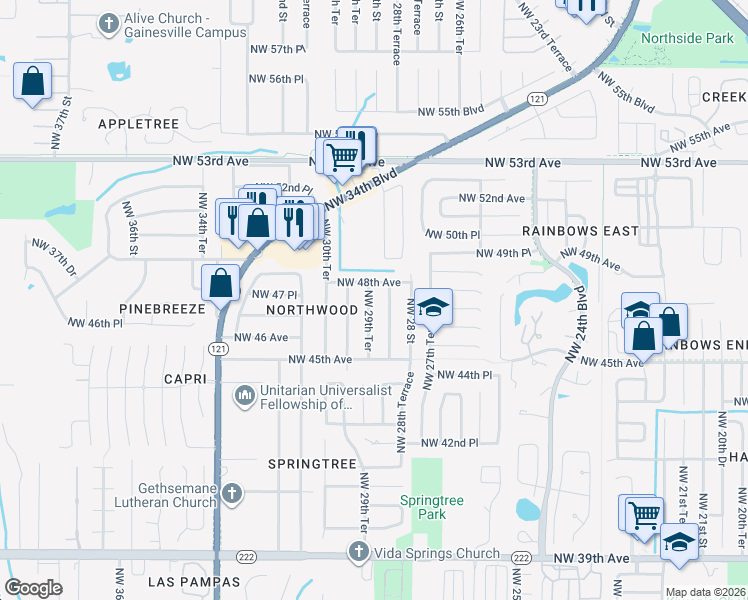map of restaurants, bars, coffee shops, grocery stores, and more near 4715 Northwest 29th Terrace in Gainesville