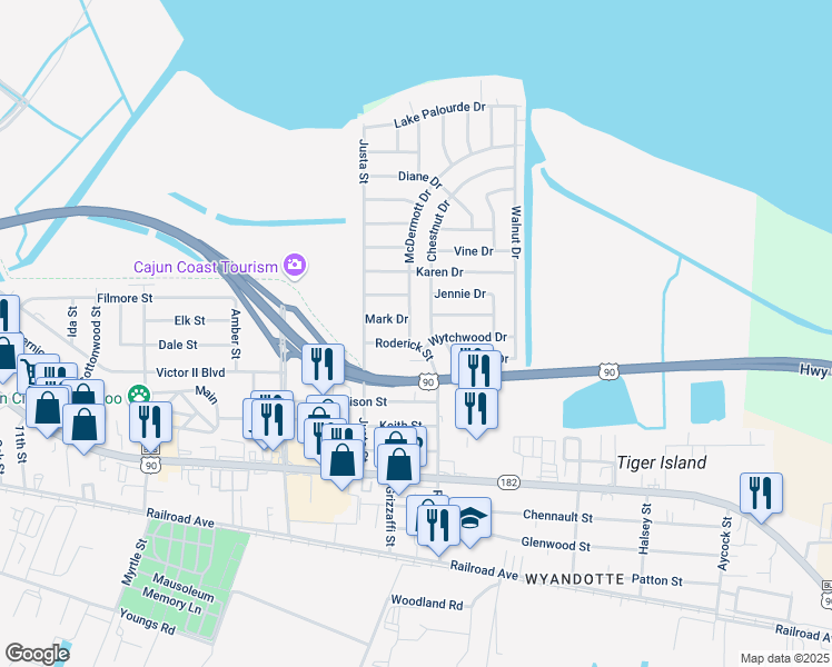 map of restaurants, bars, coffee shops, grocery stores, and more near 908 McDermott Drive in Morgan City