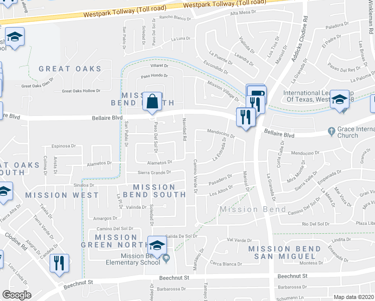 map of restaurants, bars, coffee shops, grocery stores, and more near 7135 Navidad Road in Houston