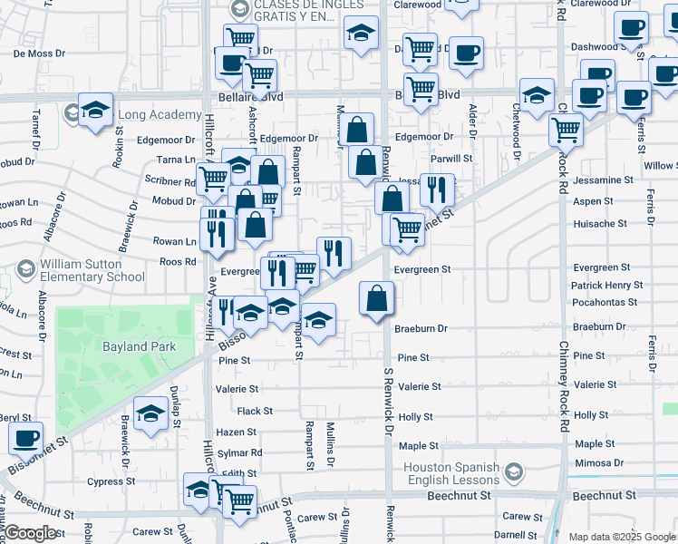 map of restaurants, bars, coffee shops, grocery stores, and more near 6000 Bissonnet Street in Houston