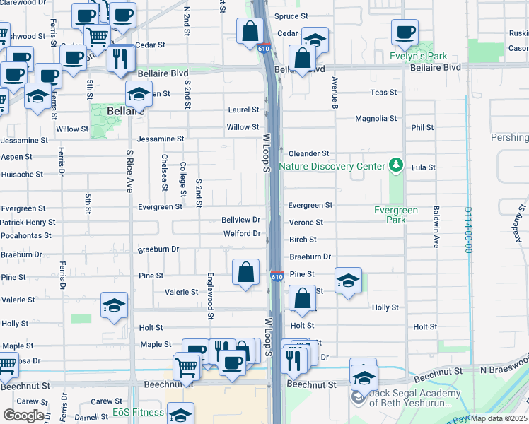 map of restaurants, bars, coffee shops, grocery stores, and more near 7500 West Loop South in Bellaire