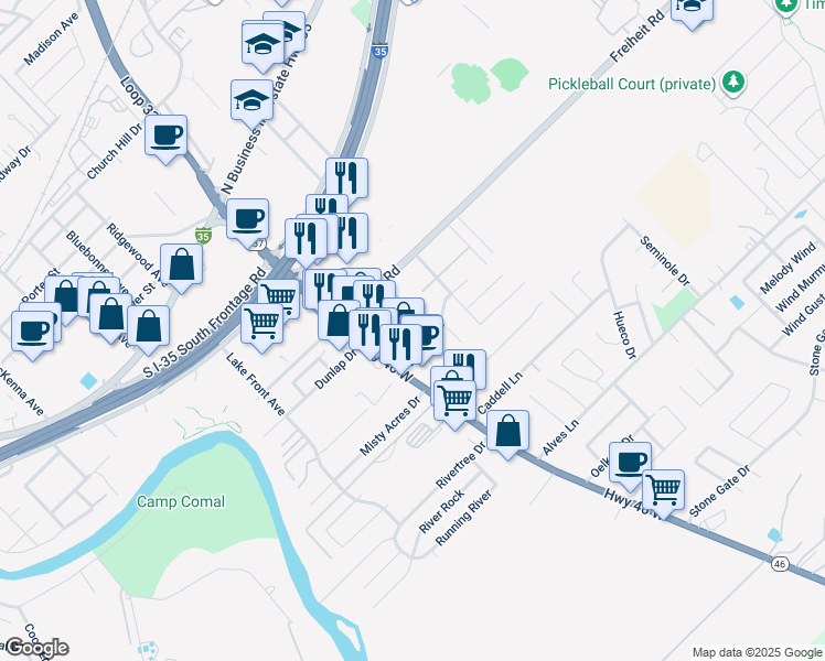 map of restaurants, bars, coffee shops, grocery stores, and more near 575 Advantage Drive in New Braunfels