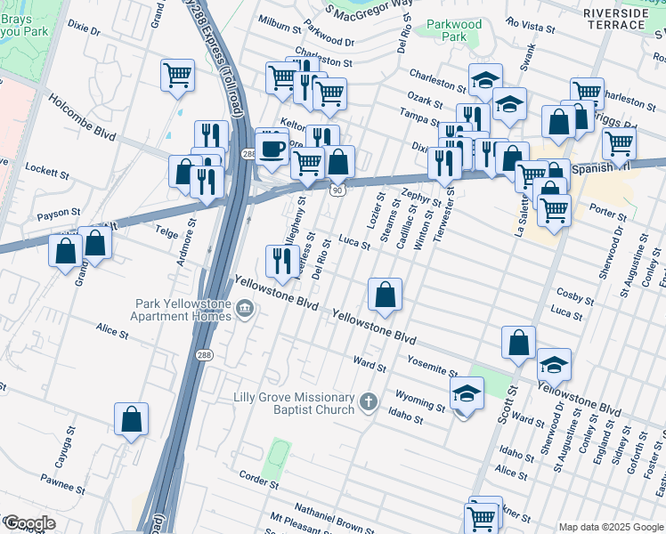 map of restaurants, bars, coffee shops, grocery stores, and more near 6711 Burkett Street in Houston