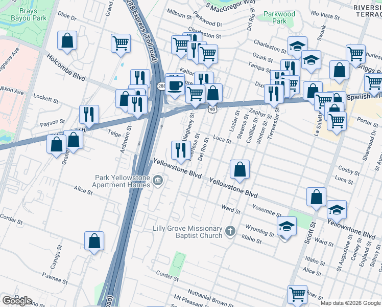 map of restaurants, bars, coffee shops, grocery stores, and more near 6753 Peerless Street in Houston