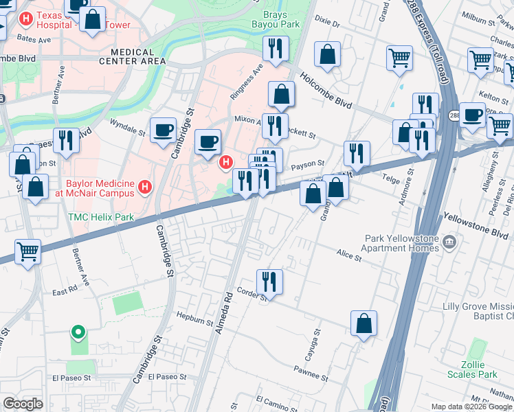 map of restaurants, bars, coffee shops, grocery stores, and more near 2626 South Loop West in Houston