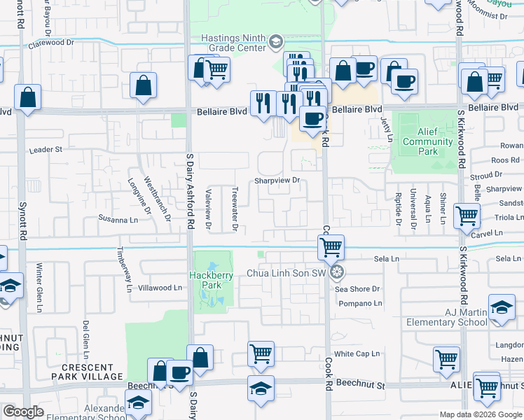 map of restaurants, bars, coffee shops, grocery stores, and more near 7206 Crownwest Street in Houston