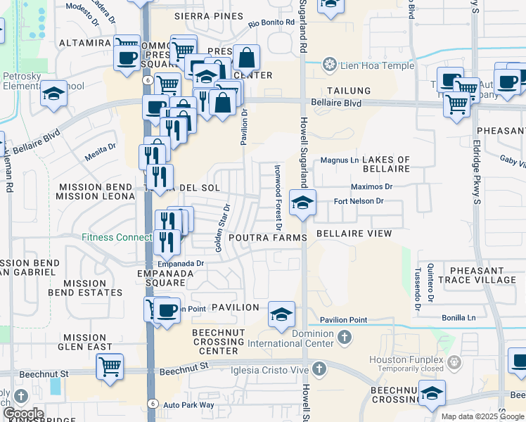 map of restaurants, bars, coffee shops, grocery stores, and more near 14271 Oro Valley Drive in Houston