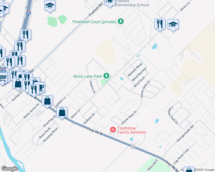 map of restaurants, bars, coffee shops, grocery stores, and more near 1013 Mellow Breeze in New Braunfels