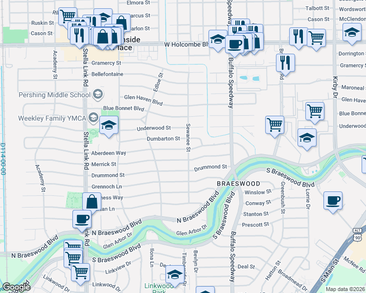map of restaurants, bars, coffee shops, grocery stores, and more near 3607 Dumbarton Street in Houston