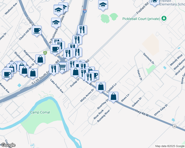 map of restaurants, bars, coffee shops, grocery stores, and more near 571 Advantage Drive in New Braunfels