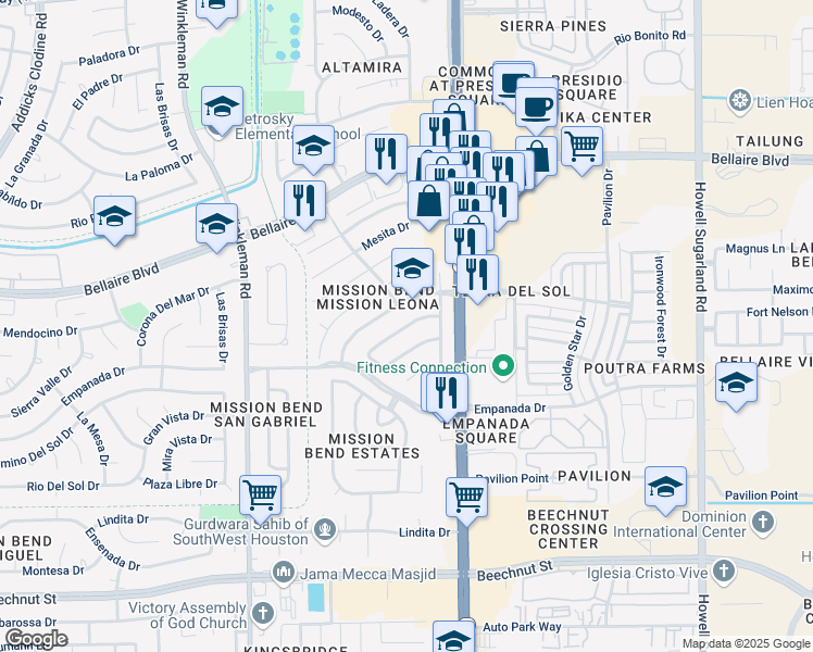 map of restaurants, bars, coffee shops, grocery stores, and more near 14727 La Rana Drive in Houston