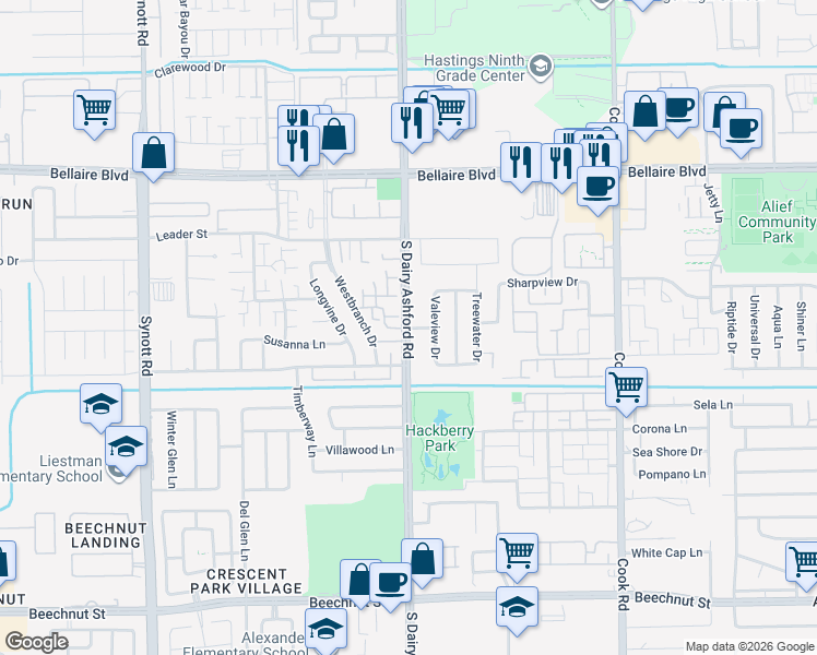 map of restaurants, bars, coffee shops, grocery stores, and more near 7189 South Dairy Ashford Road in Houston