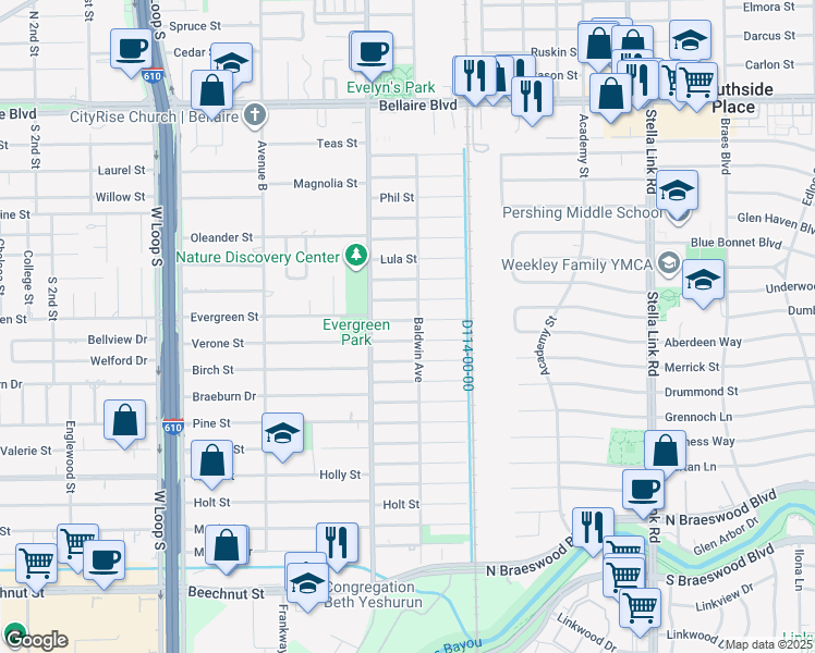 map of restaurants, bars, coffee shops, grocery stores, and more near 4402 Wendell Street in Bellaire