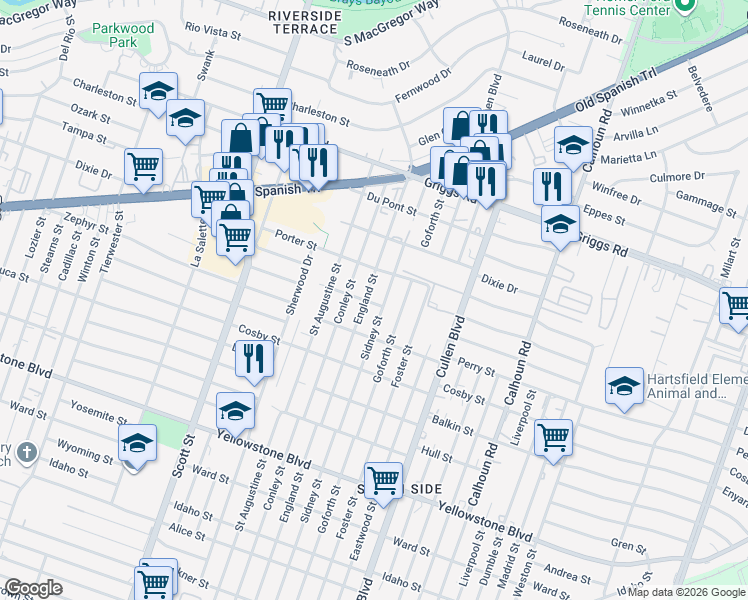 map of restaurants, bars, coffee shops, grocery stores, and more near 6128a Sidney Street in Houston
