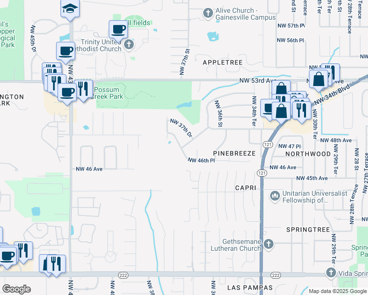 map of restaurants, bars, coffee shops, grocery stores, and more near 4717 Northwest 37th Way in Gainesville