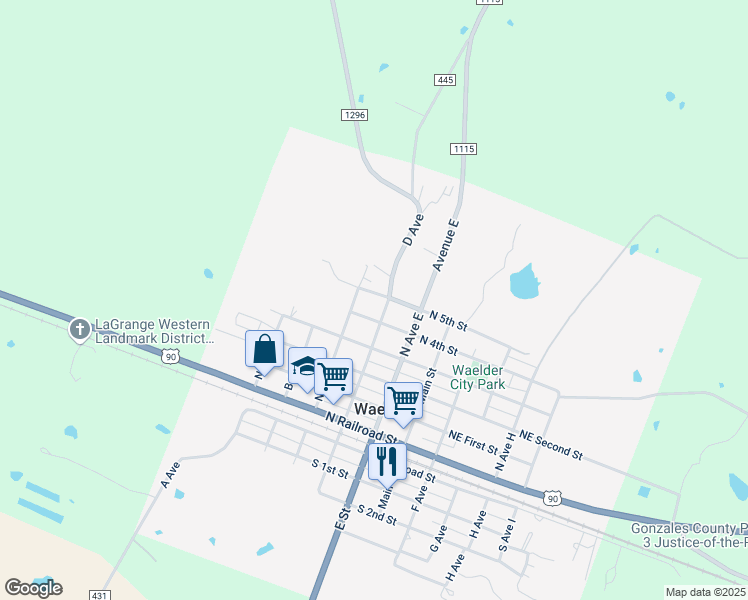 map of restaurants, bars, coffee shops, grocery stores, and more near 300 Northwest Blk Fifth Street in Waelder