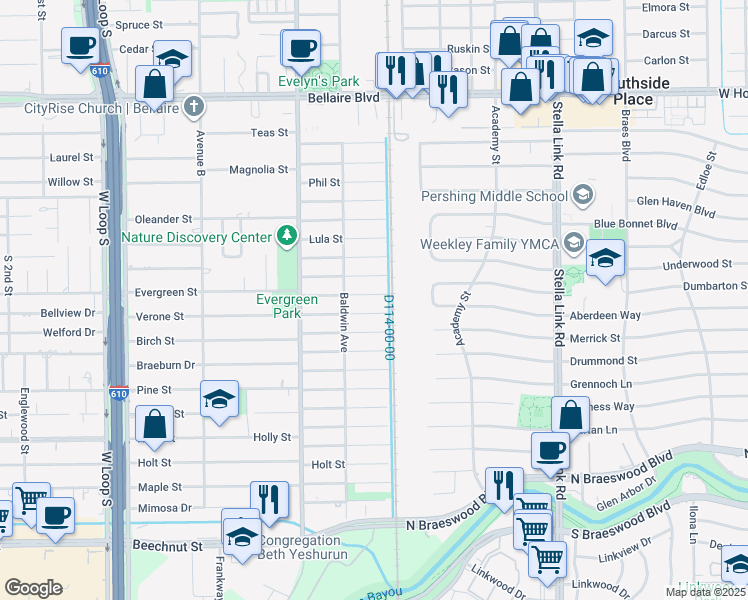 map of restaurants, bars, coffee shops, grocery stores, and more near 4304 Wendell Street in Bellaire