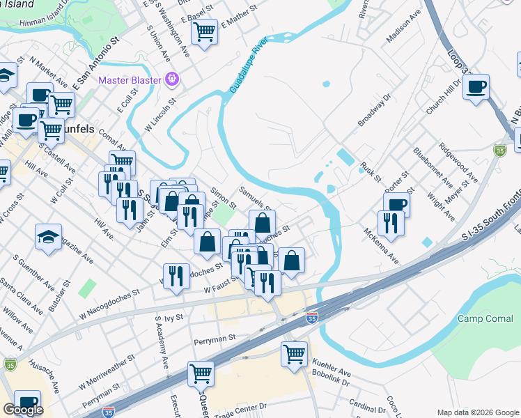 map of restaurants, bars, coffee shops, grocery stores, and more near 376 Comanche Street in New Braunfels