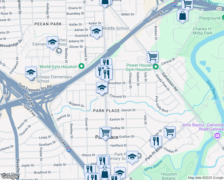 map of restaurants, bars, coffee shops, grocery stores, and more near 2921 Broadway Street in Houston