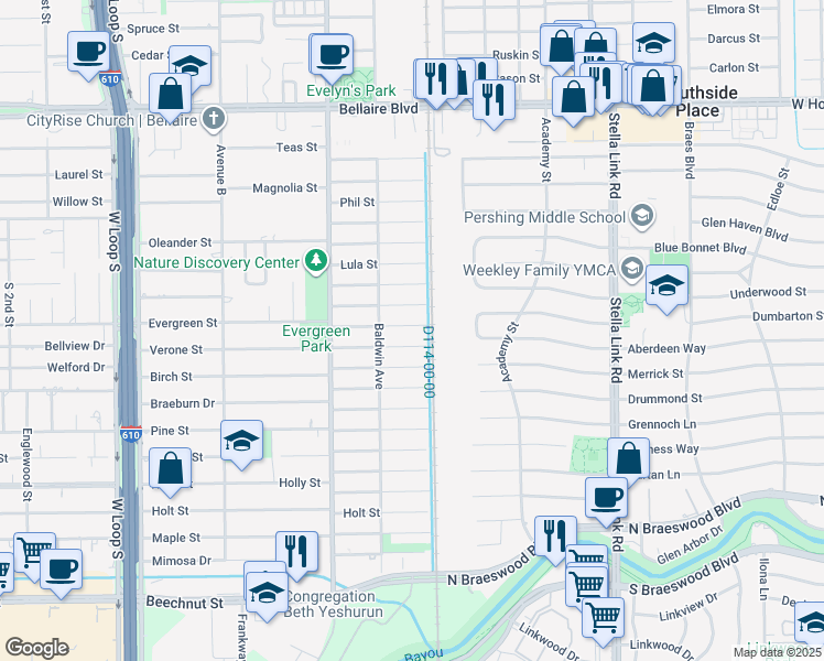 map of restaurants, bars, coffee shops, grocery stores, and more near 4304 Wendell Street in Bellaire
