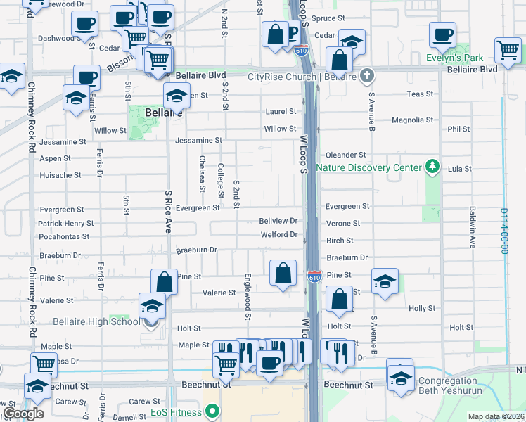 map of restaurants, bars, coffee shops, grocery stores, and more near 550 Wisteria Street in Bellaire