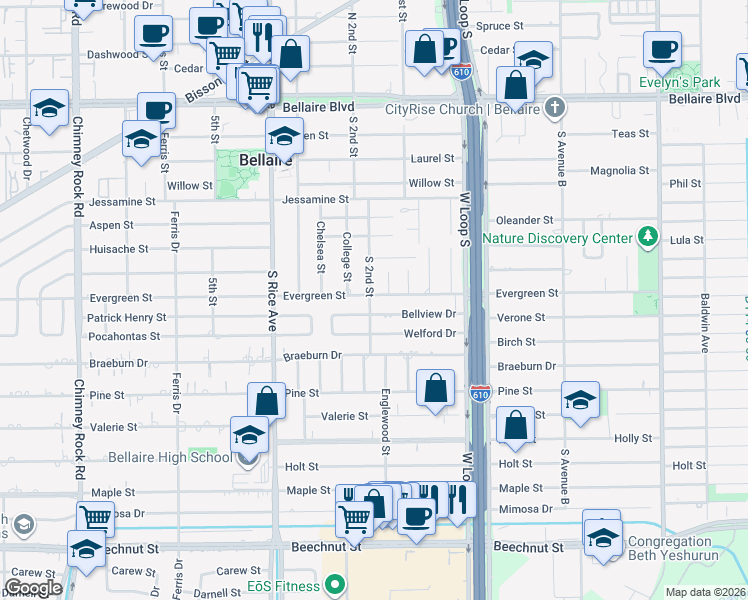 map of restaurants, bars, coffee shops, grocery stores, and more near 550 Lupin Street in Bellaire
