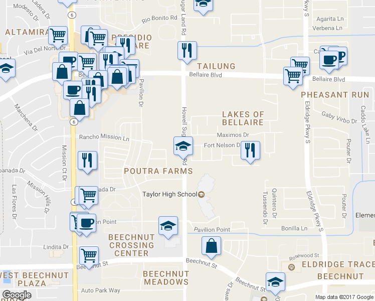 map of restaurants, bars, coffee shops, grocery stores, and more near 7210 Crescent Mills Drive in Houston