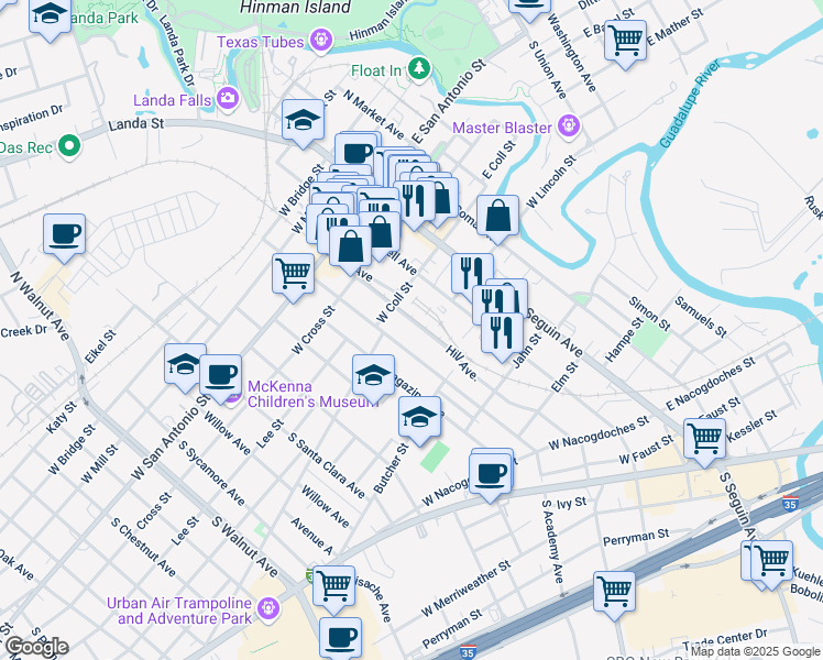 map of restaurants, bars, coffee shops, grocery stores, and more near 302 West Garden Street in New Braunfels