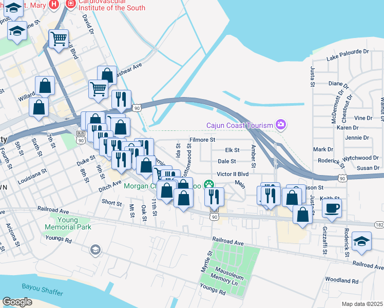 map of restaurants, bars, coffee shops, grocery stores, and more near 916 Cottonwood Street in Morgan City