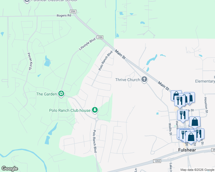 map of restaurants, bars, coffee shops, grocery stores, and more near 31210 Whitfield Court in Fort Bend County
