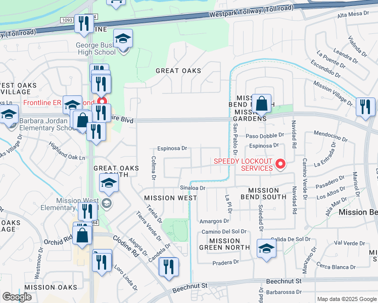 map of restaurants, bars, coffee shops, grocery stores, and more near 7206 Londres Drive in Houston