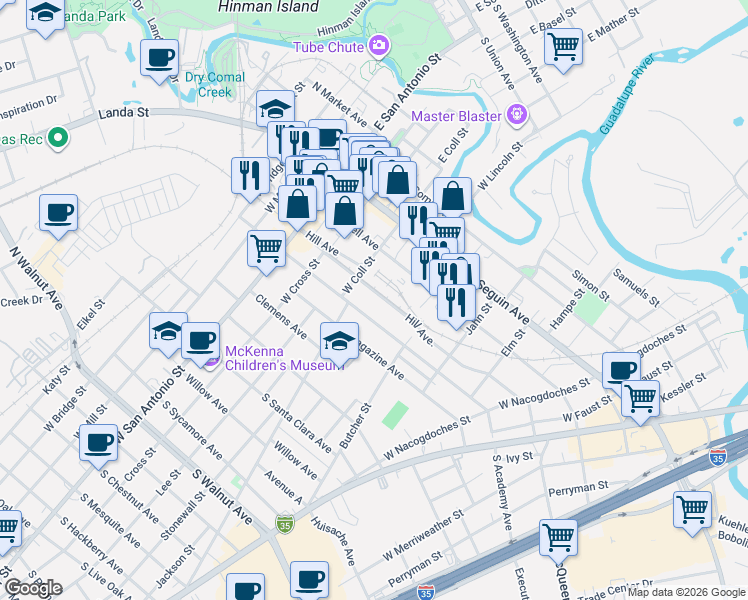 map of restaurants, bars, coffee shops, grocery stores, and more near 302 West Garden Street in New Braunfels