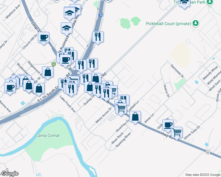 map of restaurants, bars, coffee shops, grocery stores, and more near 565 Advantage Drive in New Braunfels