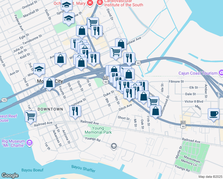 map of restaurants, bars, coffee shops, grocery stores, and more near 6310 Route 182 in Morgan City