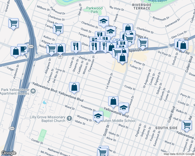 map of restaurants, bars, coffee shops, grocery stores, and more near 3630 Cosby Street in Houston