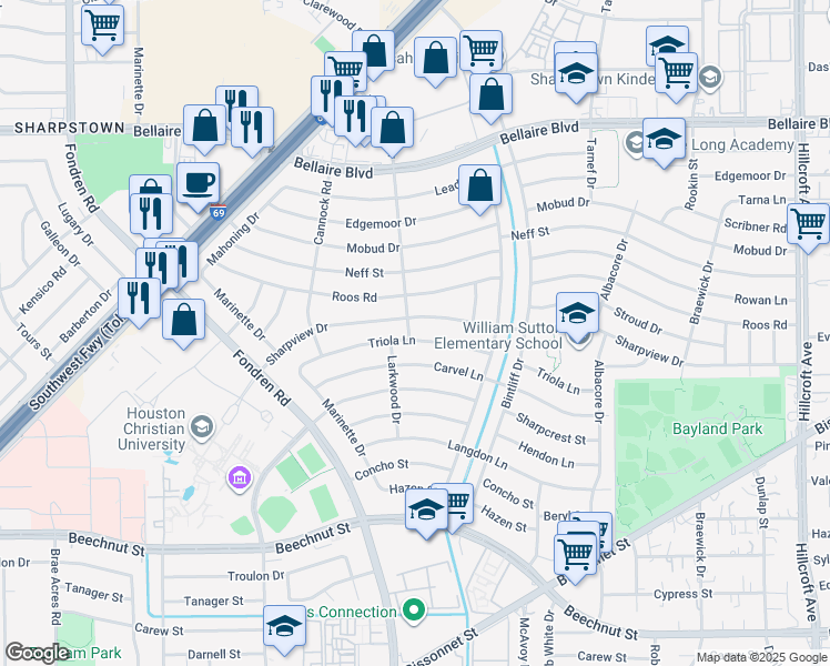 map of restaurants, bars, coffee shops, grocery stores, and more near 7030 Triola Ln in Houston