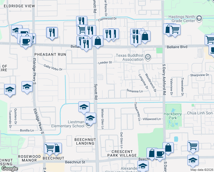 map of restaurants, bars, coffee shops, grocery stores, and more near 13142 Woodvine Trail in Houston