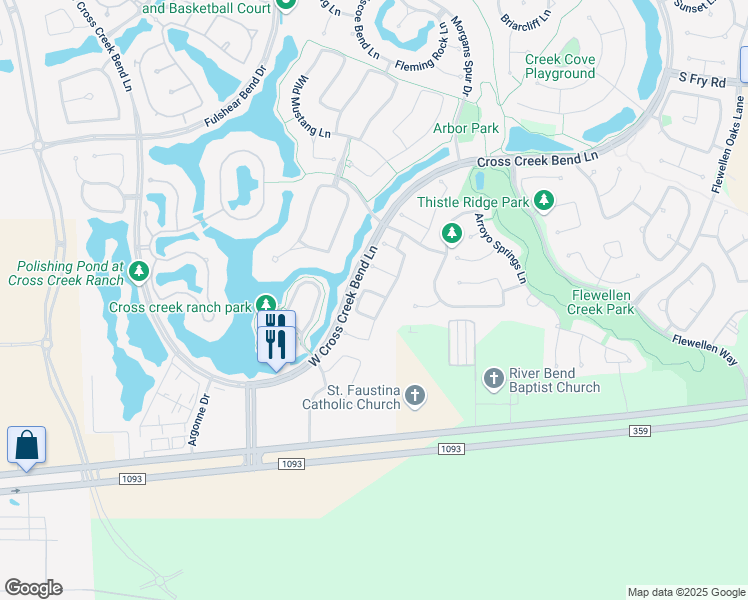 map of restaurants, bars, coffee shops, grocery stores, and more near 28202 Rippling Brook Lane in Fulshear