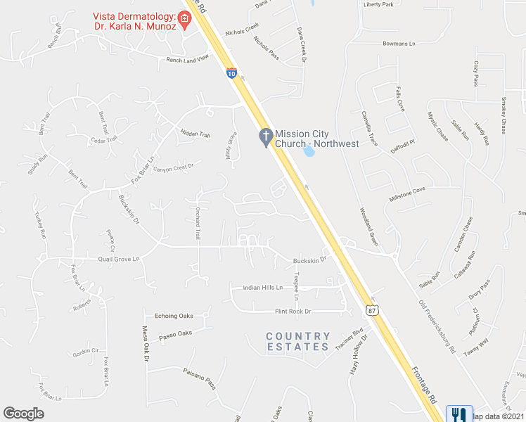 map of restaurants, bars, coffee shops, grocery stores, and more near 26807 Frontage Road in San Antonio