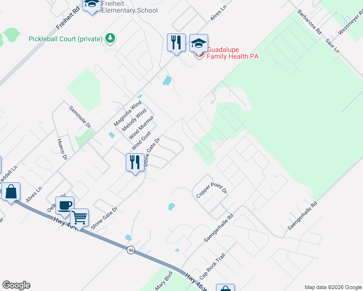 map of restaurants, bars, coffee shops, grocery stores, and more near 1139 Stone Garden in New Braunfels