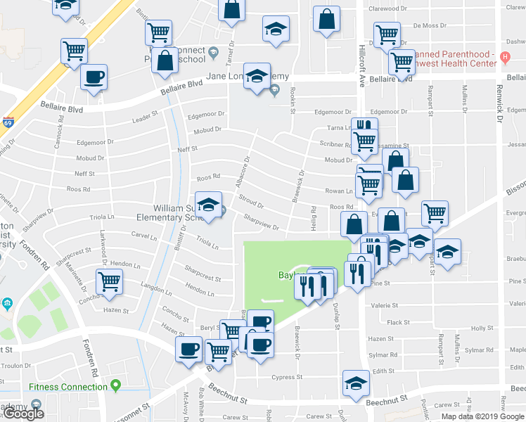 map of restaurants, bars, coffee shops, grocery stores, and more near 6533 Stroud Drive in Houston